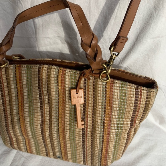 Elegant Fossils Tan and Brown Striped Shoulder Bag - Picture 2 of 9
